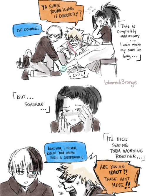 blamedorange:  “Bakugou….are you sure she didn’t hurt her head too….?”Back story of this thing, probably: