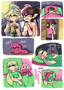 gomigomipomi:  Based loosely on the EU’s Zombie VS Ghost Splatfest. I’m guessing Callie has never really watch a supernatural horror film cause she’s more of a zombie apocalypse fan. Also the image on Callie’s T-shirt is from a well-loved squid