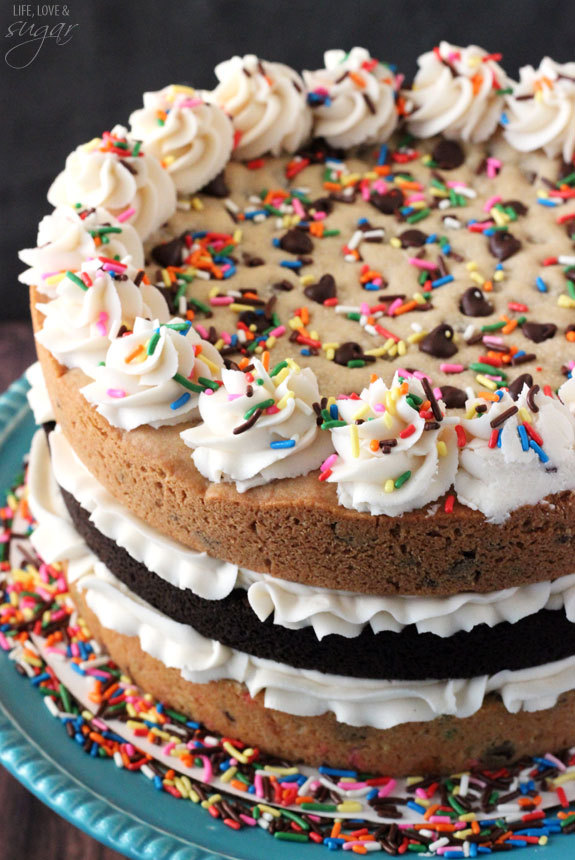 sweetoothgirl:Ultimate Layered Chocolate Chip Cookie Cake