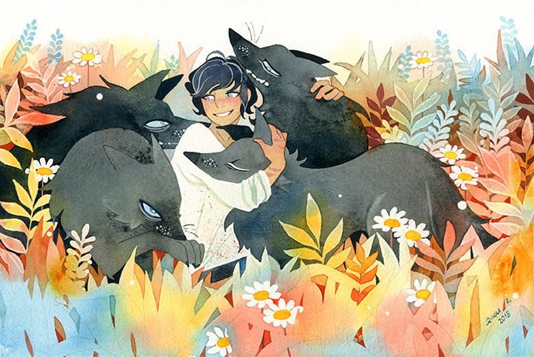 tir-ri:Young pup Mahr with his very cuddly pack of big wolves. They all want scratches