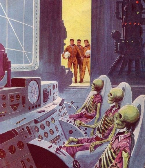 70sscifiart:Living astronauts finding skeletal ones were popular covers for 50s/60s pulp magazines. 