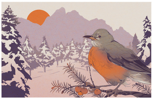 godzillabreath:winter berries. very much inspired by the golden age of Japanese woodblock print