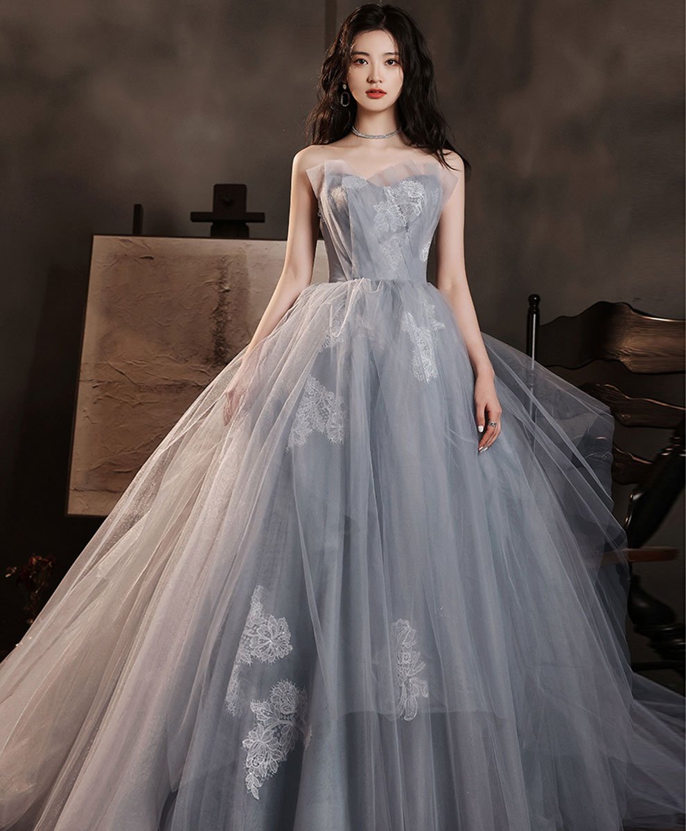 Fashion Prom Dresses on Tumblr: gray tulle lace long prom dress shop here:  shopluu.com