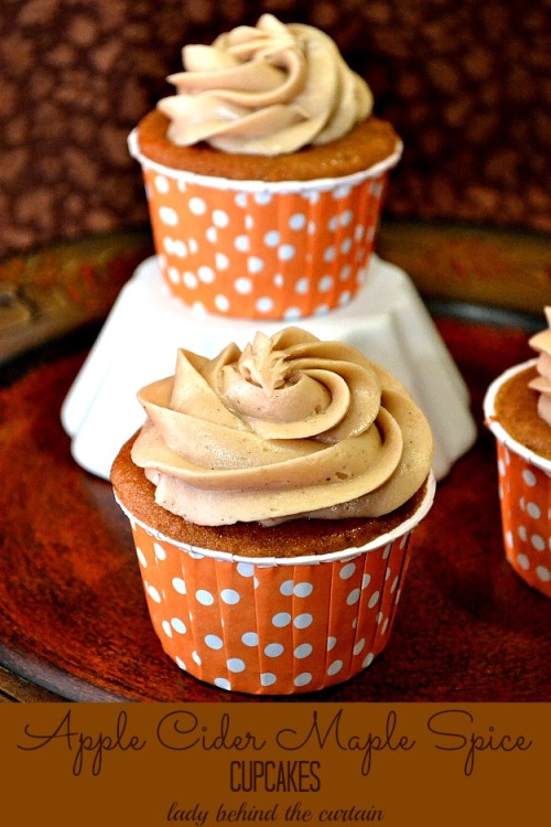 autumnexhale:  “Apple Cider Maple Spice Cupcakes”  Makes 24 cupcakes. Ingredients: For the Cupcakes: 1 spice cake mix 3 eggs 1-2/3 cups apple cider For the Frosting: 3 ounces cream cheese, softened 4 tablespoons butter, softened ¼ cup maple
