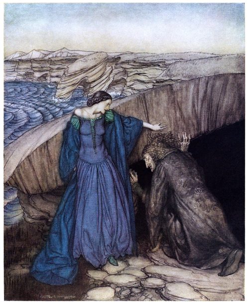 oldbookillustrations: Merlin and Nimue. Arthur Rackham, frontispiece from The romance of King Arthur