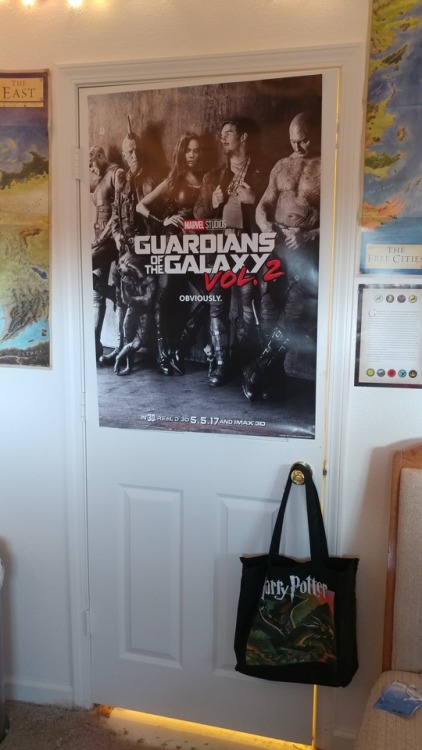 Updated pictures of my nerd room. I hung up my Minecraft sword next to my maps of Planetos. The lady at the ticketbooth gave me the GotG Vol.2 poster for free so I hung that up too. Then there’s my first editions of ASOIAF with the dragon I handpainted