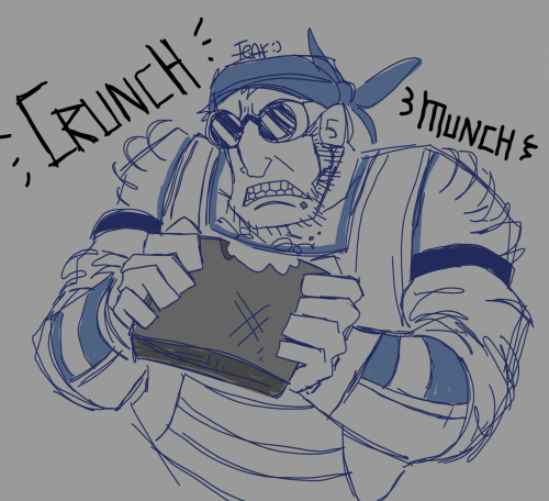 a digital doodle of classic heavy from the team fortress comics. he has taken a large bite out of a slab of concrete and is crunching on it. the background texts say "crunch" and "munch"