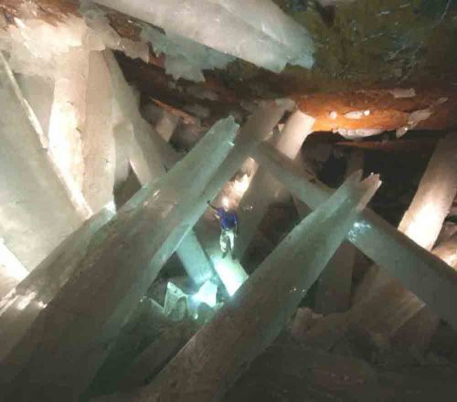 fuckyeahmineralogy:  The Cave of the Crystals is a cave underneath Chihuahua, Mexico that contains giant selenite (a polytype of gypsum, CaSO4·2 H2O). These huge crystals are able to form due to the high humidity and temperatures (over 100°F and near