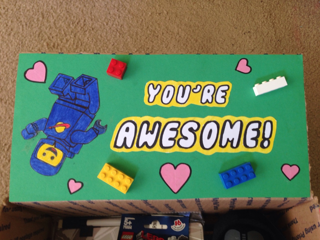 shortskirtstrongboots:  This year’s Valentine’s care package for John! I can’t