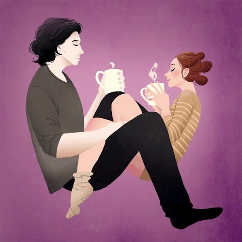 trash-for-reylo:Modern AU Kylo and Rey enjoying some hot beverage and company.