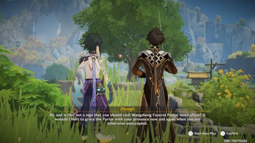 a screenshot taken from the 4.4. genshin impact lantern rite event. it shows xiao and zhongli as they stand next to each other with their backs to the viewer. zhongli is looking up at the sky (at the kite he's flying). he says: "ah! and is that not a sign that you should visit wangsheng funeral parlor more often? it wouldn't hurt to grace the parlor with your presence now and again when you are otherwise unoccupied."