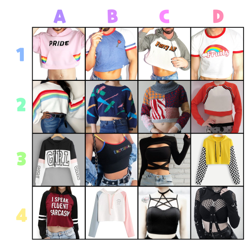 sidebloggable:Crop top art meme! Send a Number+Letter and a character to the person who reblogs this
