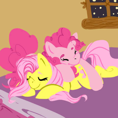 cream-and-coffee-king:  Night time cozies- Pinkie Pie and Fluttershy (( im open for comissions! If youre interested in one please drop me a line to phosphoroustick@gmail.com !!! ))  D'aww <3