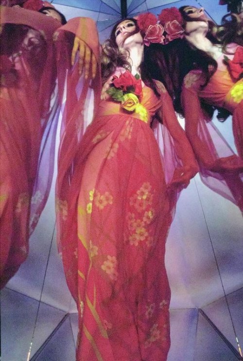 kitsunetsuki:Raymundo de Larrain - Marta Montt Wearing a Chiffon Dress by Hanae Mori (Vogue 1969)