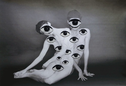 redlipstickresurrected:  Jose Romussi aka Jose Ignacio Romussi Murphy (Italian-Flemish, b. 1979, Santiago de Chile, Chile) - Eyes, 2014  Embroidery on Amanda Charchian’s photo 