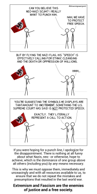 mon-degreen:  myfrogcroaked:  Incitement = provoking unlawful behavior or urging someone to behave unlawfully. This is NOT protected speech. Source: #drawinginpowerpoint  [Image: A comic from #drawninpowerpoint. A Neo-Nazi on the left, flying the Nazi