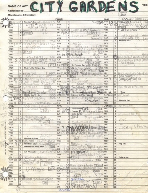 City Gardens 1988 booking calendar with what looks like the rates paid for each act.