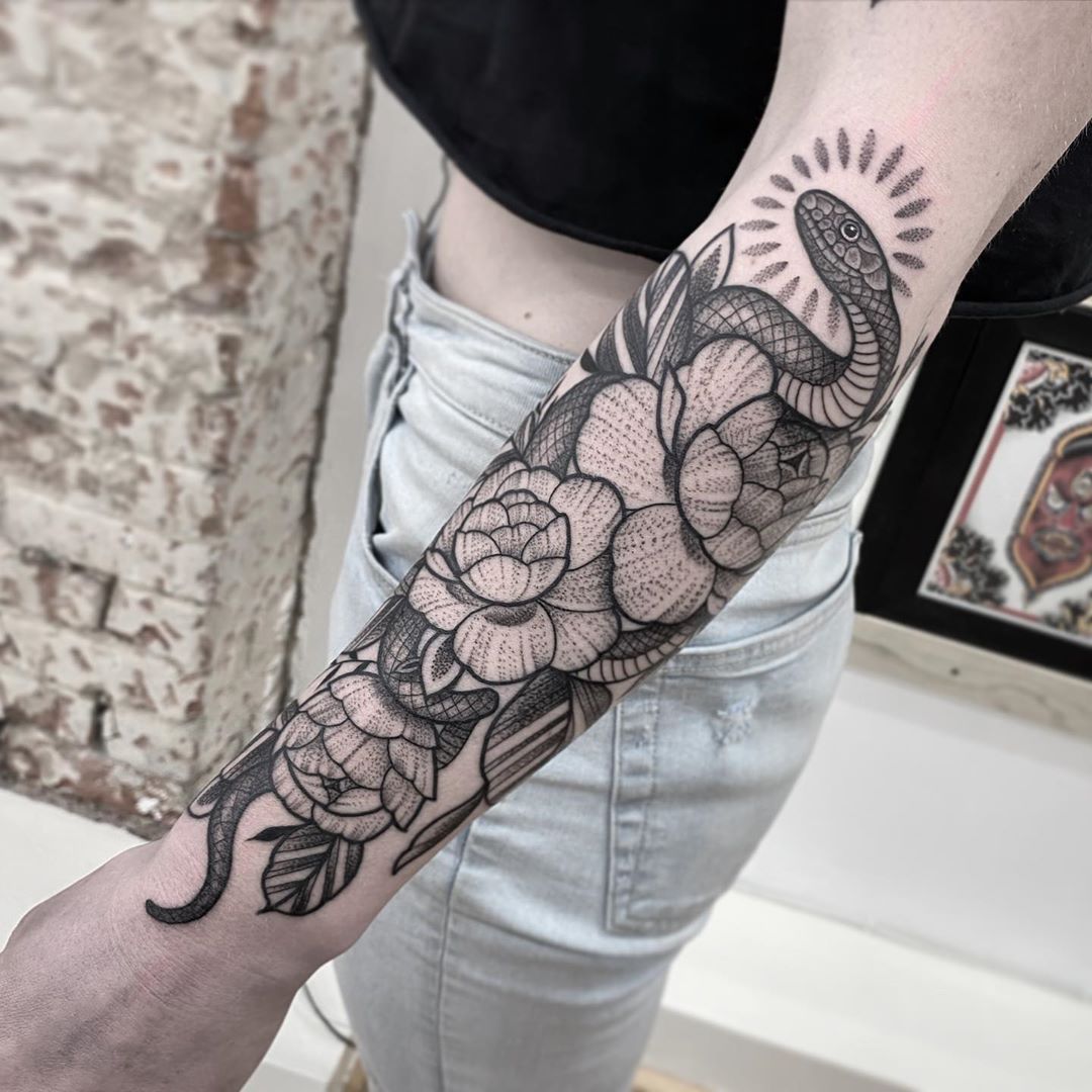 All the Piercings and Body Mods! — Snake and flower tattoo by Shubeytattoos  on...
