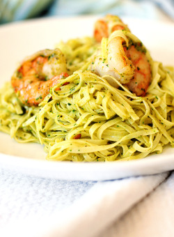 prettypasta:Shrimp Pasta with Roasted Pepper Pistachio Cilantro Pesto