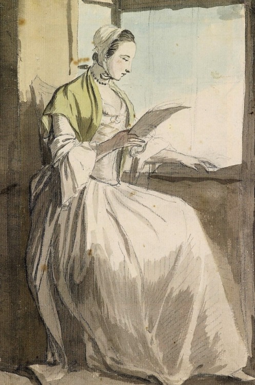 A Lady Reading at a Window (c.1754-1757). Paul Sandby (English, 1731-1809). Watercolour, pencil, pen