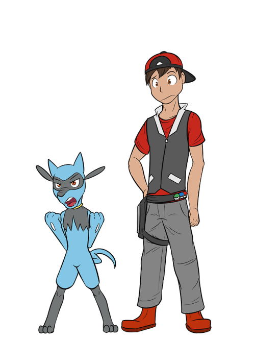 Here’s some pics of a pokemon trainer I drew up for a story idea I never really got through.  Kind of a standard adventure, but it was in the new region, and that was supposed to be the hook.  It’s Rio and his starter poke, riolu.