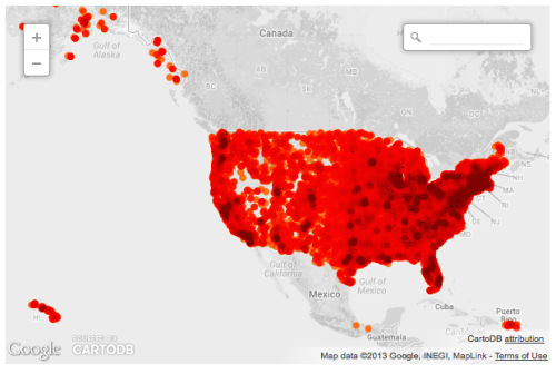 You can sleep well tonight: There are more public libraries (about 17,000) in America than outposts of McDonalds (about 14,000). The same is true of Starbucks (about 11,000 coffee shops nationally).
The top map (blue) represents libraries; the bottom...