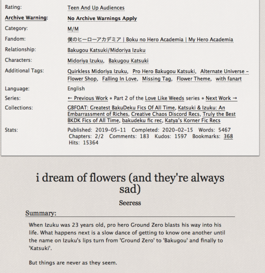Screenshot of AO3 fic i dream of flowers