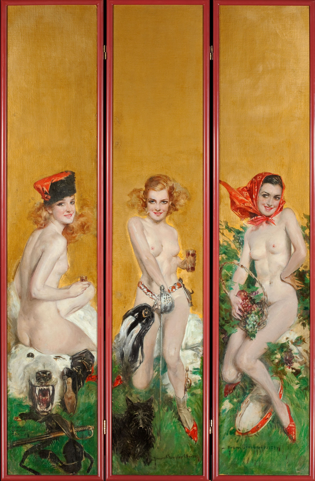 notpulpcovers:  Triptych of Three Nudes, Hunting, Fencing, and Tambourine, decorative