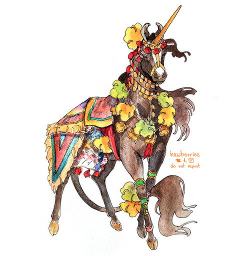 hawberries: junicorn 9: marwari unicorn! a fancy lad[image is a painting of a liver chestnut unicorn