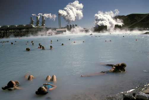 unrar:  Swimmers in a therapeutic thermal lake created from a power plant, Blue Lagoon,