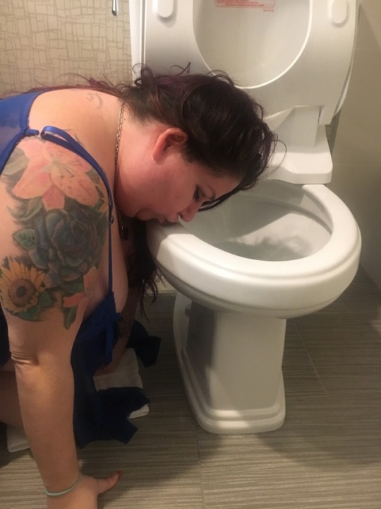 ideas4drmgirl69: For Crystal it is another day, and another toilet to kiss, lick and clean after I use it.  Just look at how pleased this slut slave is to be exposed as a toilet whore.  