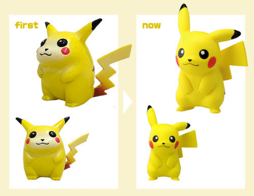 zombiemiki:  Original MonColle starter figures (and Pikachu) vs the same figures produced this year. (source) 