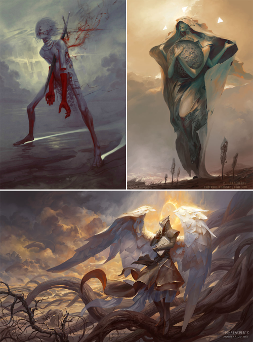 knightofleo:  Peter Mohrbacher | Angelarium  uriel, angel of flame & yesod  gevurah & suphlatus, angel of dustzadkiel, angel of mercy   &   zachriel, angel of memory  kushiel, the rigid one  hasmed, angel of annihilation & binahhod &