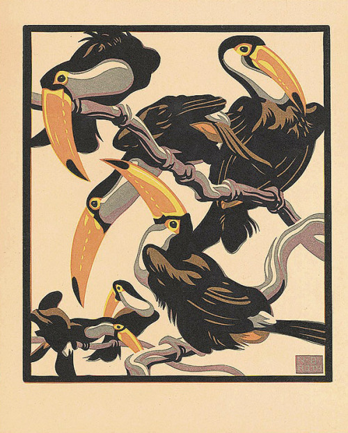 Nobertine von Bresslern-Roth, Pfefferfresser / Toucans, 1925-1930. Linocut. Austria. Source