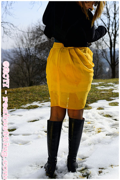 Admiring the mountains view, Gemma decides to piss her skirt, pantyhose and boots on the last remain