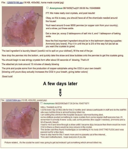 thatoneodddeer:  notanotaku101:  Guys please get this out there. I don’t know if anyone’s posted about this yet, but DO NOT try and make those diy crystals!  FYI it makes mustard gas. WHICH CAN KILL YOU  VERY EASILY