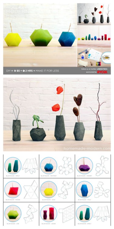 DIY Geometric Candles or Concrete Vases Tutorial and Templates from HomeMade Modern here. Eight temp