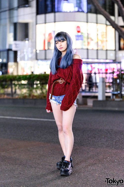 18-year-old Japanese singer and shop staff Chibisuke on the street in Harajuku with pastel hair, a c