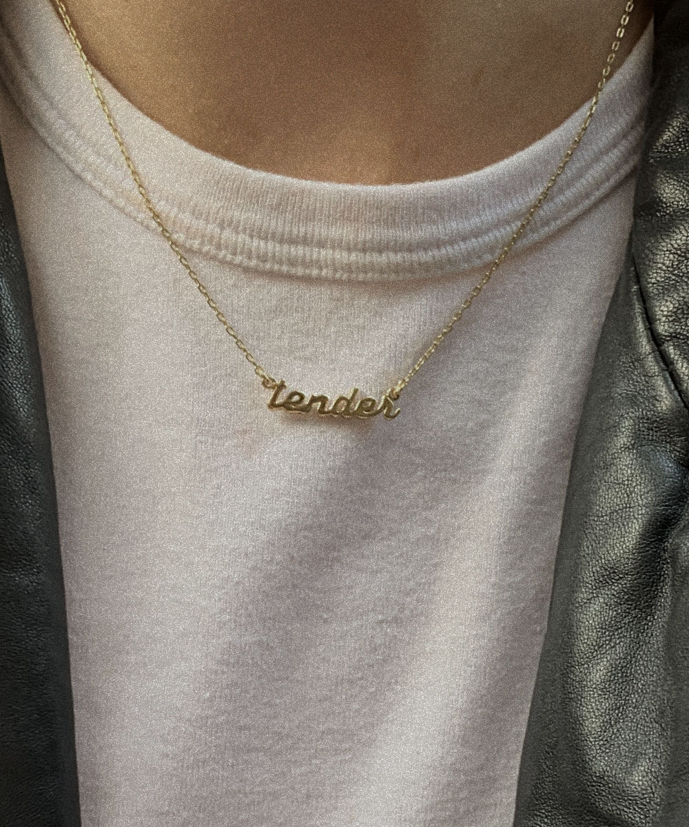 TENDER - a very special custom necklace collaboration with Jo Rosenthal.In this series our friend Jo Rosenthal photographs her most tender-hearted companions to find out what being ‘Tender’ means to each of them.
Mona Palmer: Tenderness is...