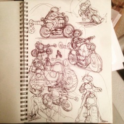 o-8:Some sketches of my character Fallout, and some practice / sketches / redesigning of her bike.