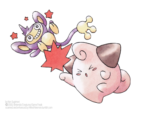 hirespokemon:2000, Ken Sugimori, Cleffa using the move Dizzy Punch against Aipom, additional gen 2 promotional art from the Pokémon Crystal set.