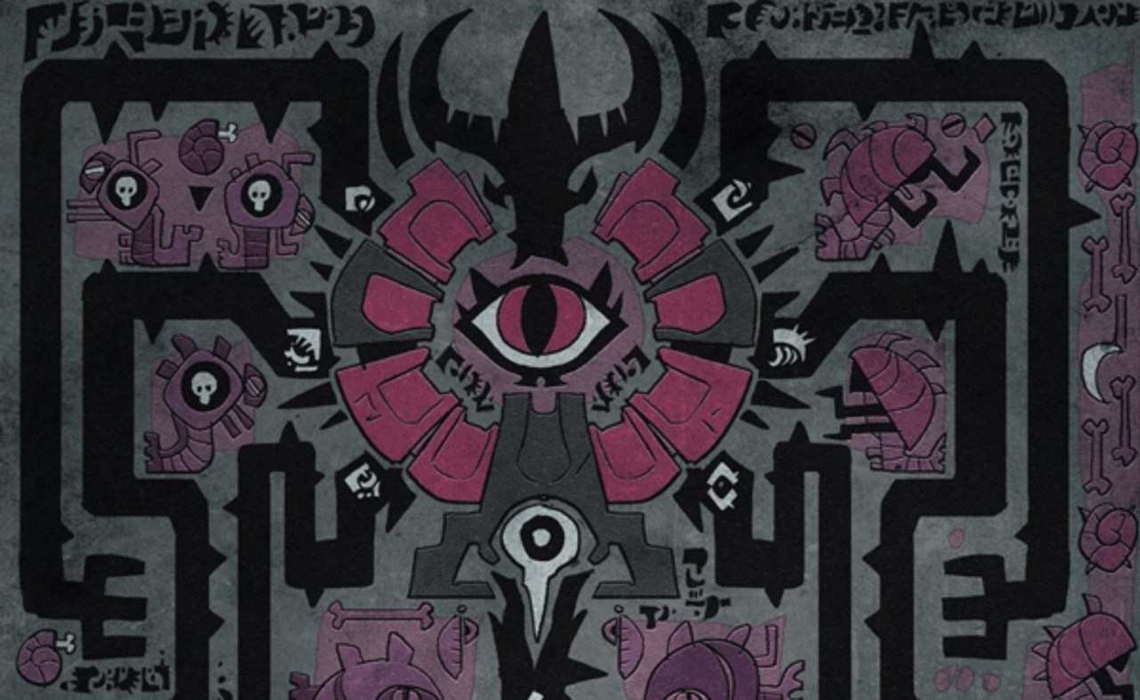 A section of the third mural on the obelisk in Don't Starve's "Metheus Puzzles".   It features a large eye with red irises coming out from the gateway, much like the one seen in the promotional short for the "Terrors Below" update to DST.