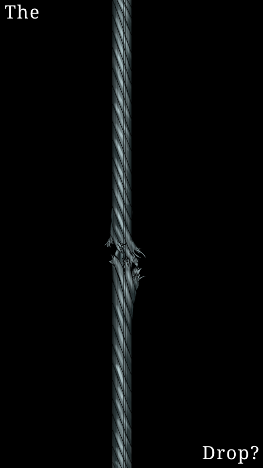 a vertical image of a elevator cable wire down the middle of the image. In the center it is nearly snapped clean though. Overtop the image reads the text: the drop?