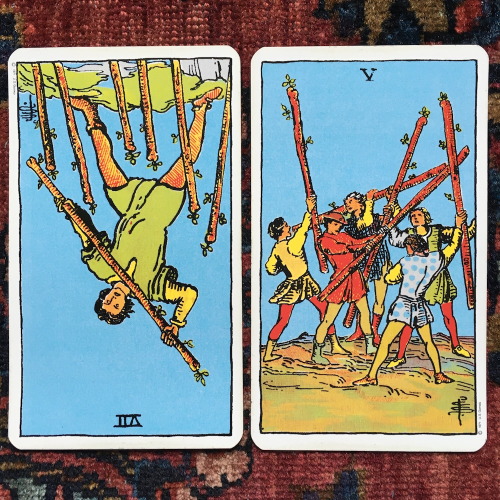 Seven of Wands reversed and Five of WandsYou’re having some difficulties, but at least you’re not do