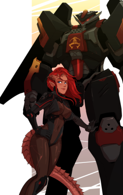 d-rex-art:   So last and this month I’m doing Space themed streamathons, in which people get Space-y AU versions of their BnF characters.   Here are @reddragonroyale‘s Zohara and her mech, the Red Dragon Royale 