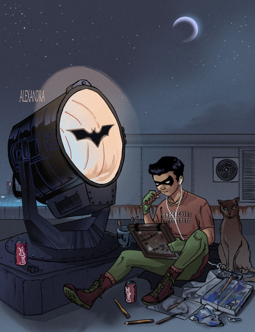 Damian Wayne and Richard the Cat: Drawing by Batlight When it’s a slow night, or when he’s just %100