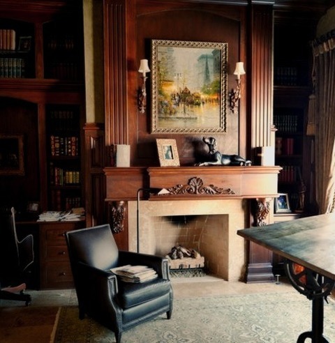 Traditional Home OfficeLarge Elegant Built-in Desk Porcelain Tile And Beige Floor Study Room Photo With