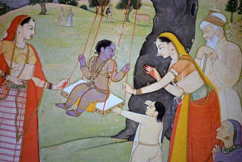 Baby Krishna and family, Pahari painting