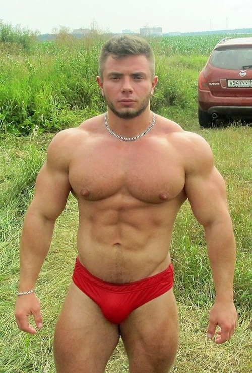 Handsome, muscular, awesome pecs and nips, his red bulge is an eye catcher - WOOF