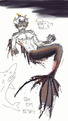 jojoaran: a-deep-sea-merman!junkrat…? sharp teeth, wiry fins, ugly face(lol), dark scales, and some shiny dots on skin and sclaes that are used to lure a prey…. w/e….   since he get boba &amp; some bbq meat from mako, he won’t go back his home